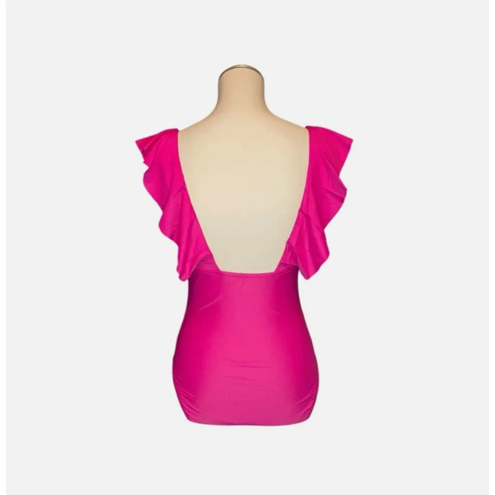 J Crew Womens 10 Pink Fuchsia One Piece V-Neck Ruffle Swimsuit Bathing Suit NWT